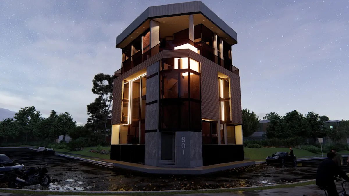 Edificio corporativo de cristal iluminado al atardecer